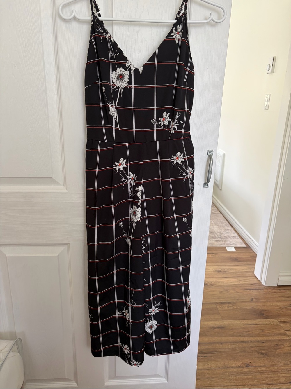 Japna Black Plaid Floral Spaghetti Strap Jumpsuit